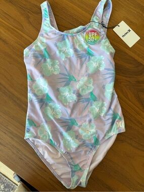 Hurley Lavender Floral One-Piece Swimsuit with Mint Accents